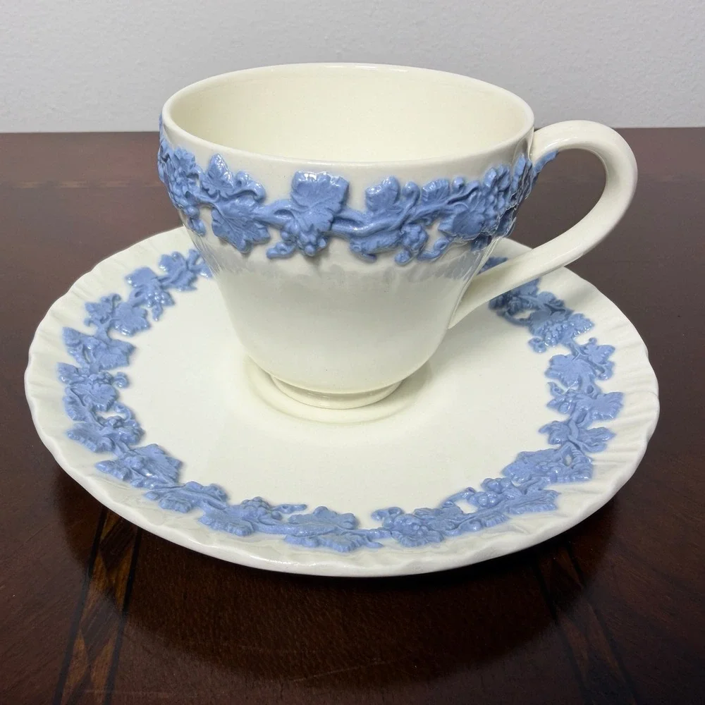 Vintage Wedgwood Queensware Blue Grapevine Tea Cup Saucer Grandmillennial Decor